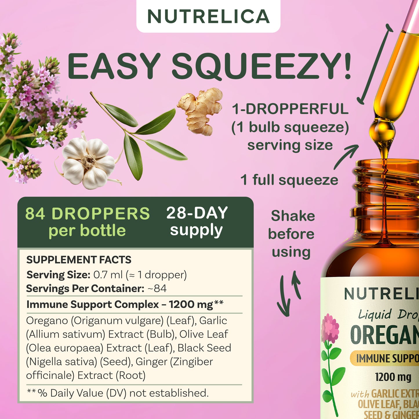 Oregano Oil with Garlic Extract, Olive Leaf, Black Seed Oil & Ginger – Immune Support