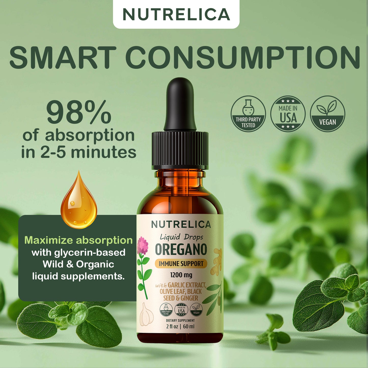 Oregano Oil with Garlic Extract, Olive Leaf, Black Seed Oil & Ginger – Immune Support