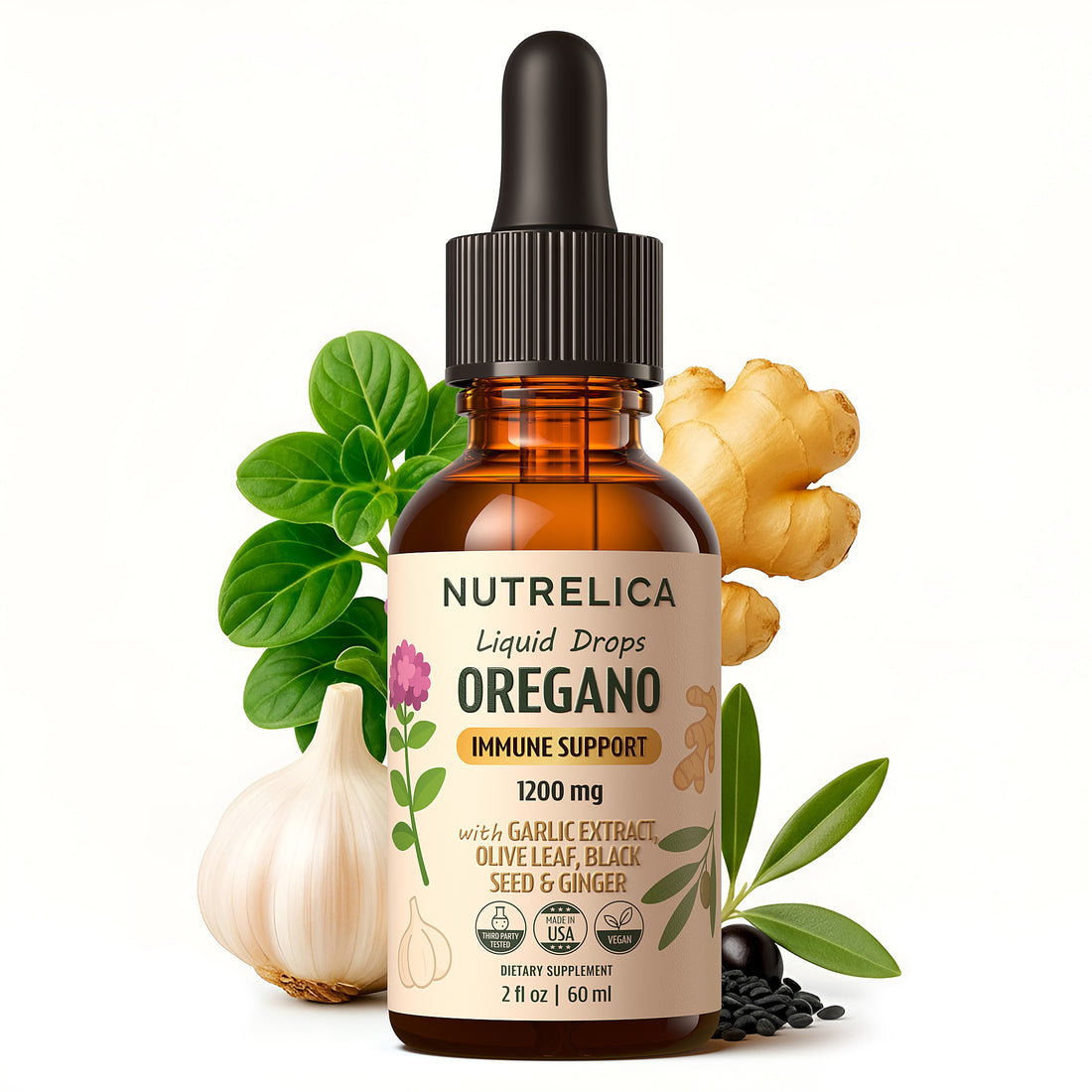Oregano Oil with Garlic Extract, Olive Leaf, Black Seed Oil & Ginger