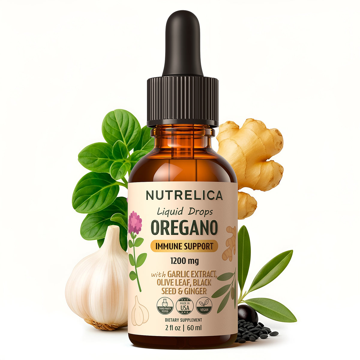 Oregano Oil with Garlic Extract, Olive Leaf, Black Seed Oil & Ginger